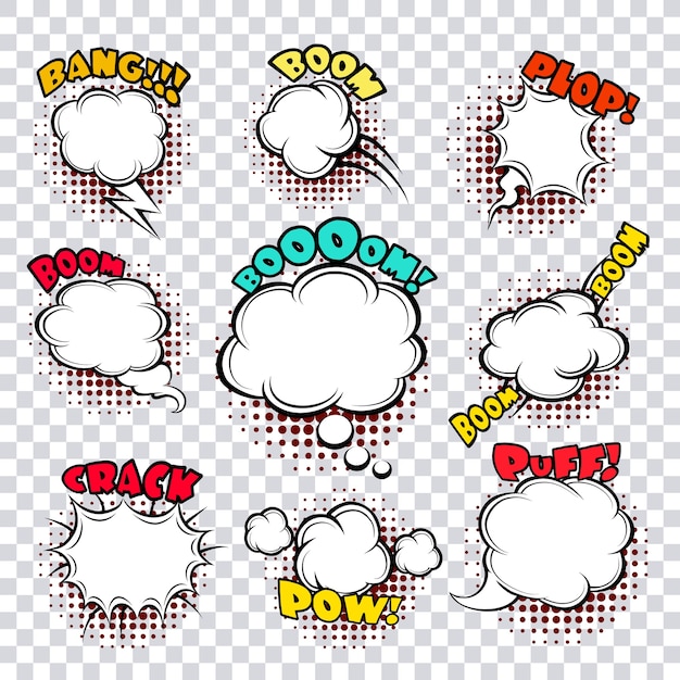 Vector gratuito conjunto de burbujas de discurso cómico. diseño de dibujos animados, comunicación gráfica, ilustración vectorial