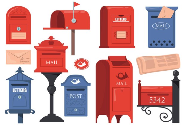 Conjunto de buzones tradicionales ingleses. Buzones de correo vintage rojos y azules, viejos buzones de correos con letras aisladas sobre fondo blanco.