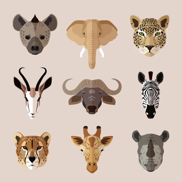 Conjunto de cabezas de animales africanos. Hiena, elefante, jaguar, gacela, búfalo, cebra, leopardo, jirafa y rinoceronte.