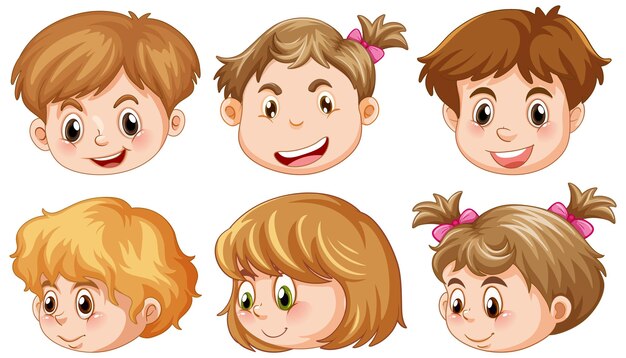 Conjunto de cabezas de niños felices de dibujos animados