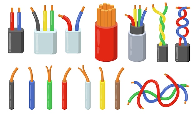 Conjunto de cables eléctricos coloridos. Coloridos trozos cortos de cables con núcleo de cobre.