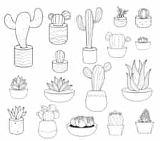 Vector gratuito conjunto de cactus cactus horario línea arte doodle ilustración