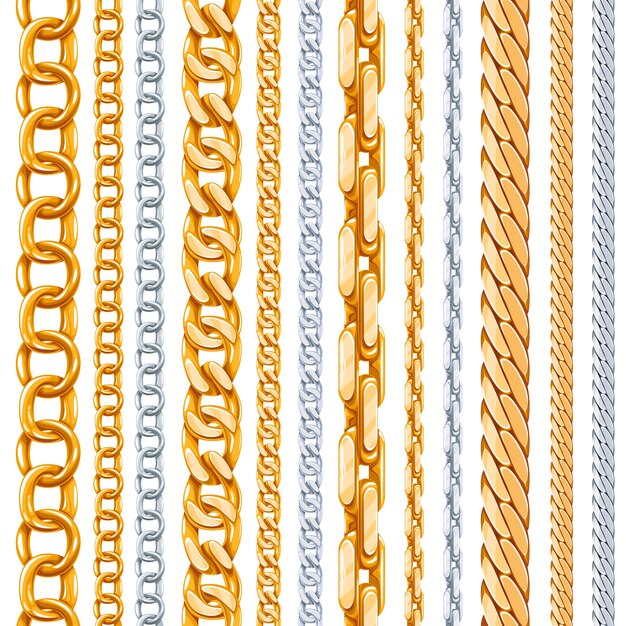 Conjunto de cadenas de oro y plata. Enlace metálico, elemento brillante, objeto hierro fuerte