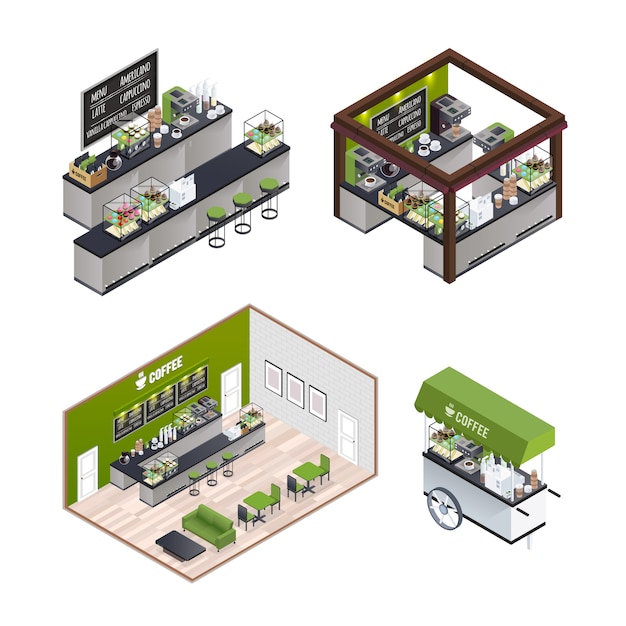 Vector gratuito conjunto de cafeterías isométricas