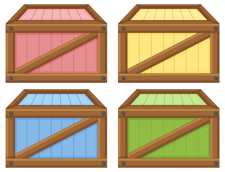 Vector gratuito conjunto de caja de madera sobre fondo blanco.