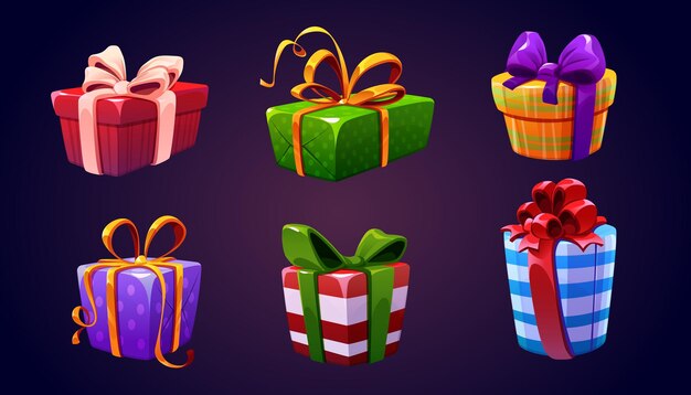 Conjunto de cajas de regalo cerradas con lazo en el fondo