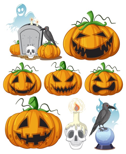 Conjunto de calabaza y cuervo de halloween