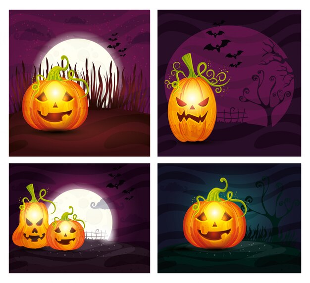 Conjunto de calabazas en escenas de halloween