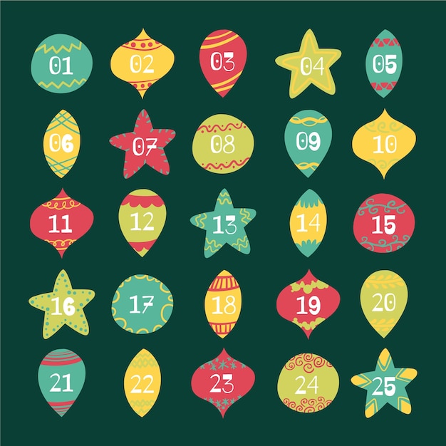 Vector gratuito conjunto de calendario de adviento de navidad bolas de navidad