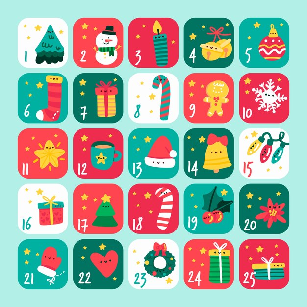 Conjunto de calendario de decoraciones de invierno de navidad