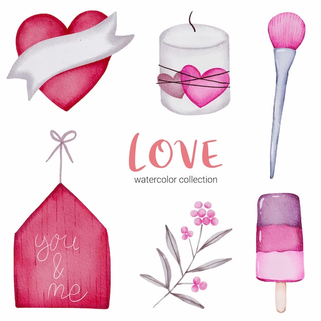 Conjunto de callection de amor, elemento de concepto de San Valentín acuarela aislado encantadores corazones rojo-rosa románticos para decoración, ilustración.