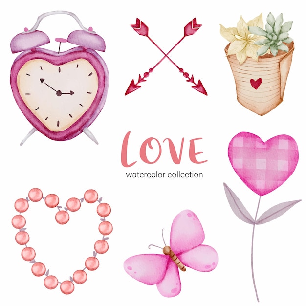 Conjunto de callection de amor, elemento de concepto de San Valentín acuarela aislado encantadores corazones rojo-rosa románticos para decoración, ilustración.