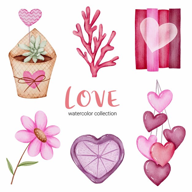 Conjunto de callection de amor, elemento de concepto de San Valentín acuarela aislado encantadores corazones rojo-rosa románticos para decoración, ilustración.