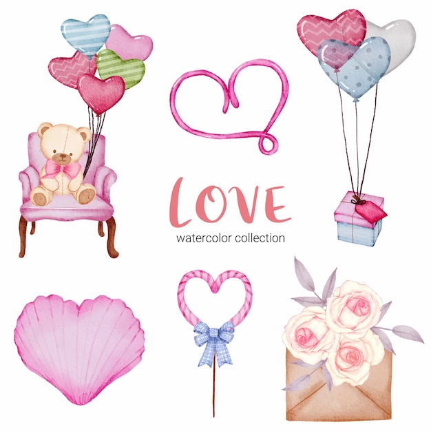 Conjunto de callection de amor, elemento de concepto de san valentín acuarela aislado encantadores corazones rojo-rosa románticos para decoración, ilustración.