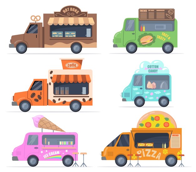 Conjunto de camiones de comida callejera. Autobuses coloridos para la venta de pastelería, comida rápida, algodón de azúcar, café, helados, pizza. Colección de ilustraciones vectoriales para catering, café al aire libre, menú, concepto de feria de alimentos