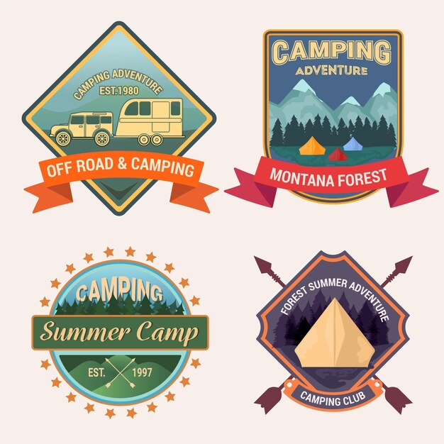 Conjunto de camping y aventuras con insignias vintage