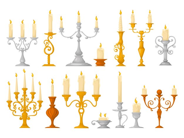 Conjunto de candelabros de candelabros retro de imágenes aisladas con luces de diseño barroco y velas encendidas dentro de la ilustración vectorial