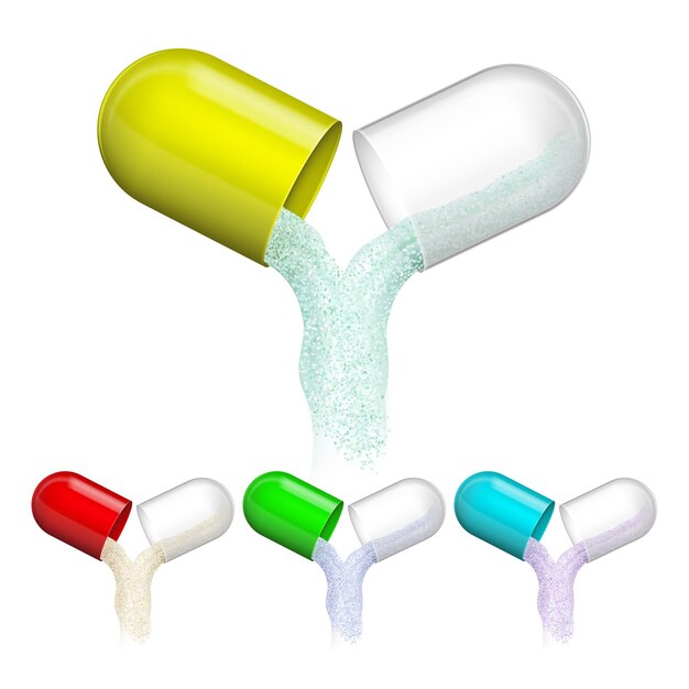 Conjunto de cápsulas abiertas de medicamentos de farmacia