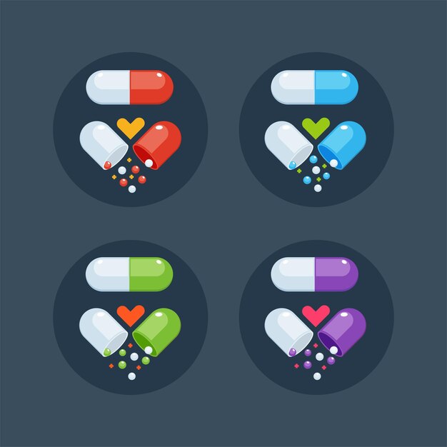 Un conjunto de cápsulas médicas. Rojo, azul, verde y morado