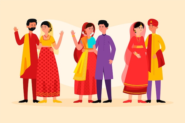 Vector gratuito conjunto de caracteres de boda india