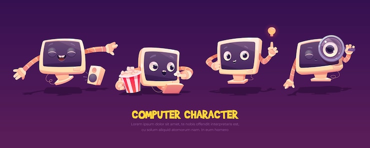 Vector gratuito conjunto de caracteres de la computadora de dibujos animados. lindo pc de escritorio