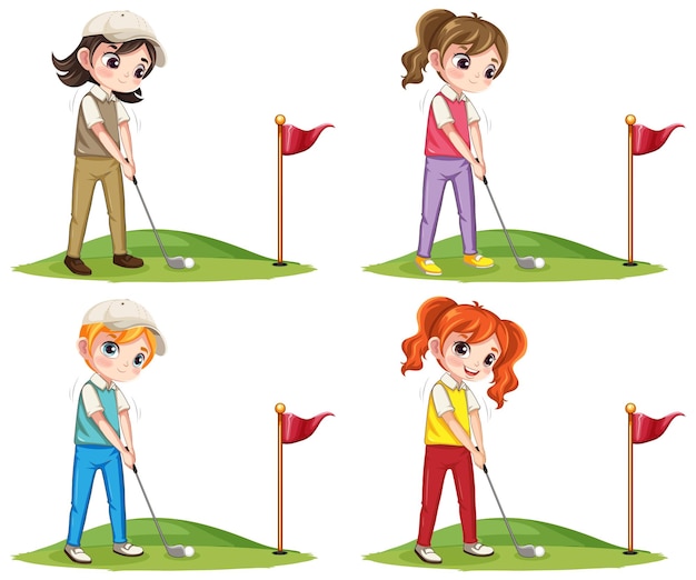 Vector gratuito conjunto de caracteres de dibujos animados de golfista profesional aislado