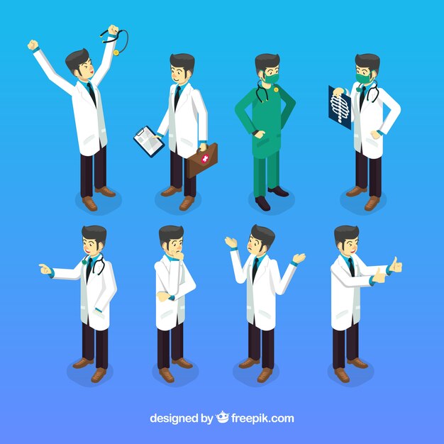 Conjunto de caracteres de doctores con varios poses