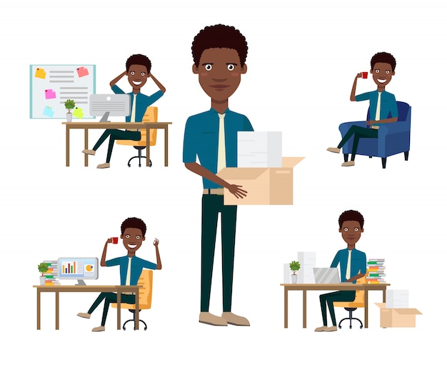 Conjunto de caracteres de empleado de oficina africana con diferentes poses