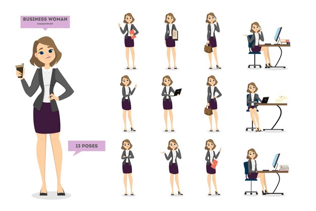 Conjunto de caracteres de mujer de negocios Mujer en falda en diferentes posiciones