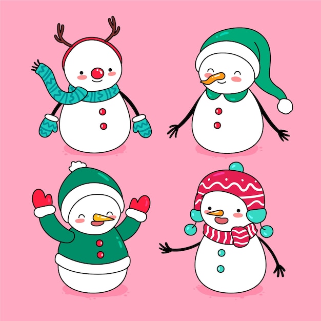 Vector gratuito conjunto de caracteres de muñeco de nieve dibujado a mano
