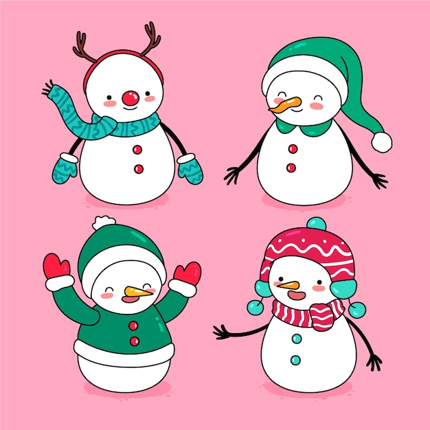 Conjunto de caracteres de muñeco de nieve dibujado a mano