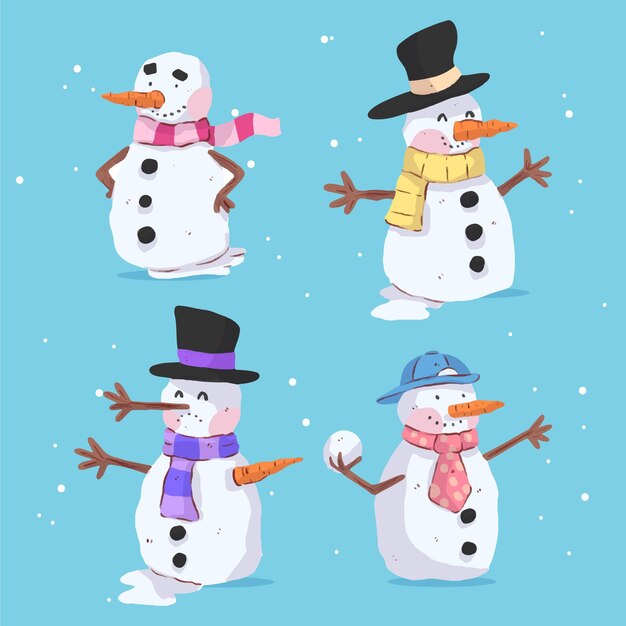 Conjunto de caracteres de muñeco de nieve dibujado a mano