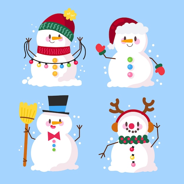 Conjunto de caracteres de muñeco de nieve dibujado a mano