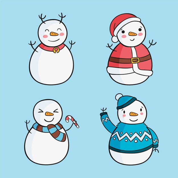 Conjunto de caracteres de muñeco de nieve dibujado a mano