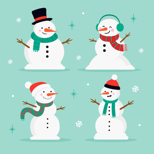 Conjunto de caracteres de muñeco de nieve de diseño plano