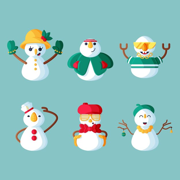 Conjunto de caracteres de muñeco de nieve de ilustración de diseño plano