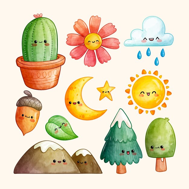Conjunto de caracteres de naturaleza kawaii acuarela