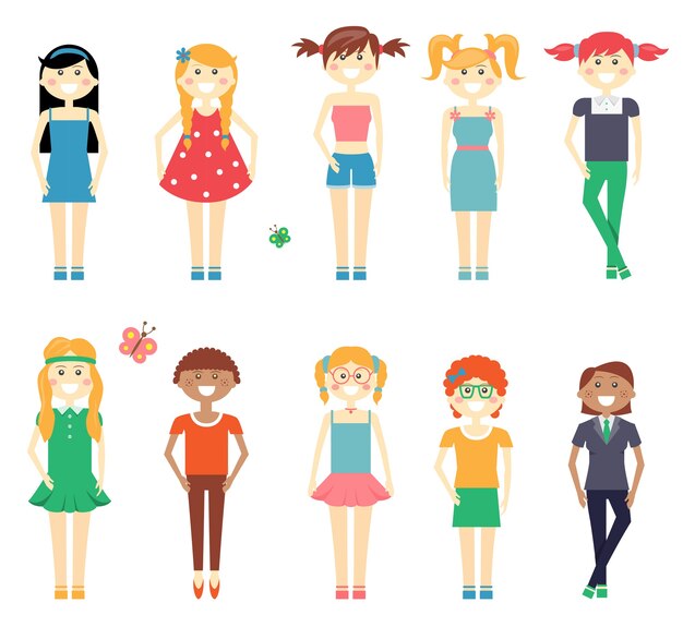 Conjunto de caracteres de niñas divertidas sonrientes con niñas de la escuela en vestidos cortos y pantalones pelirroja rubia y morena con diversos peinados aislados en blanco