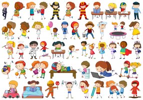Vector gratuito conjunto de caracteres de los niños del doodle