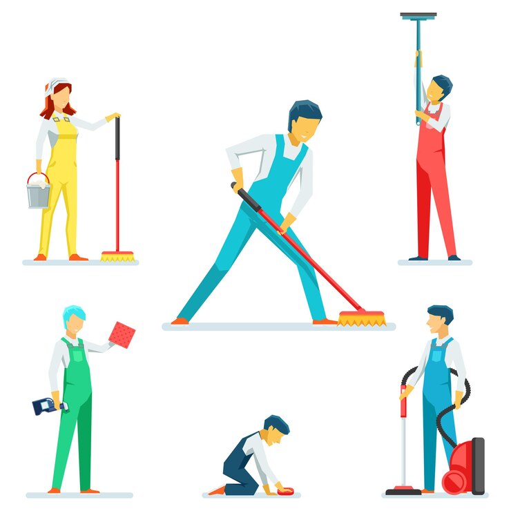 Vector gratuito conjunto de caracteres de personal de limpieza o limpiadores.