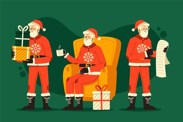 Conjunto de caracteres de santa claus de diseño plano
