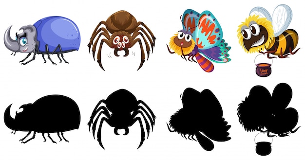 Vector gratuito conjunto de caracteres y silueta de insecto.
