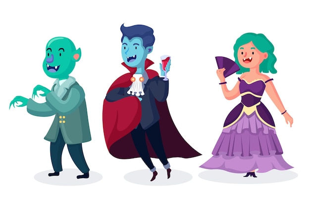 Vector gratuito conjunto de caracteres de vampiro de diseño plano