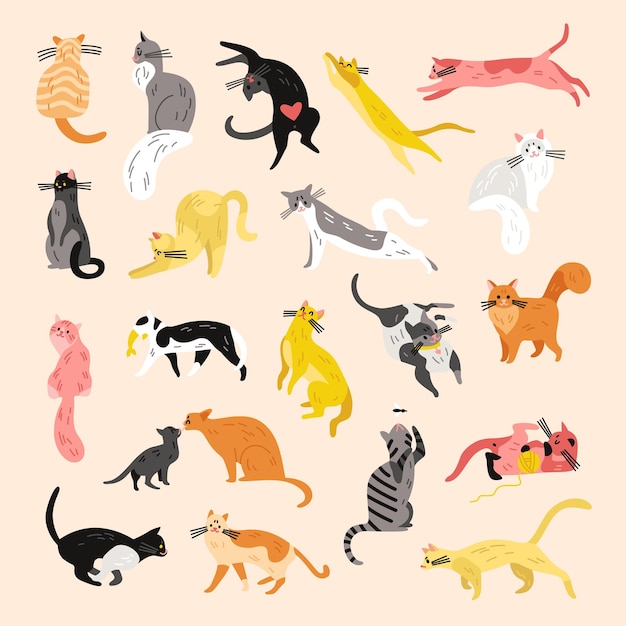 Conjunto de caracteres de varios gatos de íconos aislados con mascotas de diferentes colores de cabello y manchas en forma de ilustración vectorial