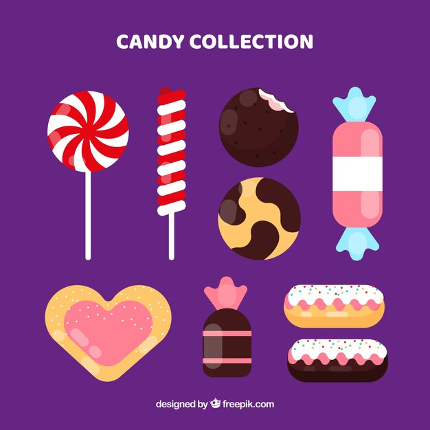 Conjunto de caramelos deliciosos en estilo plano