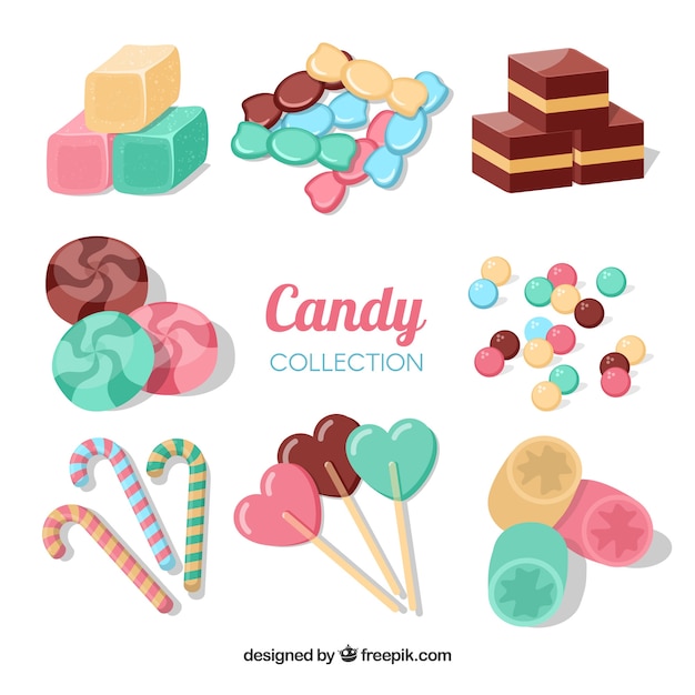 Conjunto de caramelos deliciosos en estilo plano