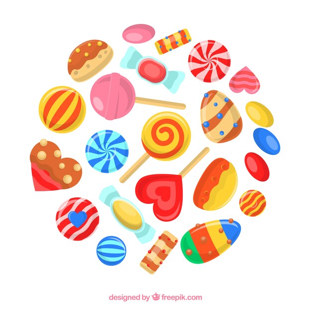 Conjunto de caramelos deliciosos en estilo plano