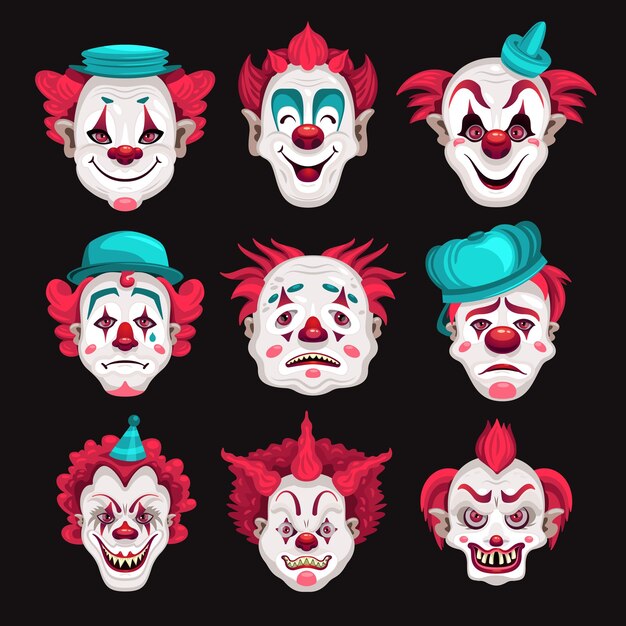 Conjunto con caras de payasos aislados con imágenes de estilo de dibujos animados sombreros divertidos de pelo rojo sobre fondo negro ilustración vectorial