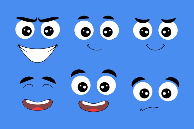 conjunto, de, caricatura, caras, fondo azul