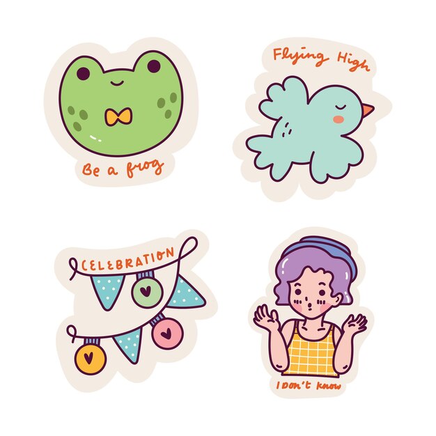 conjunto, de, caricatura, kawaii, pegatina, garabato